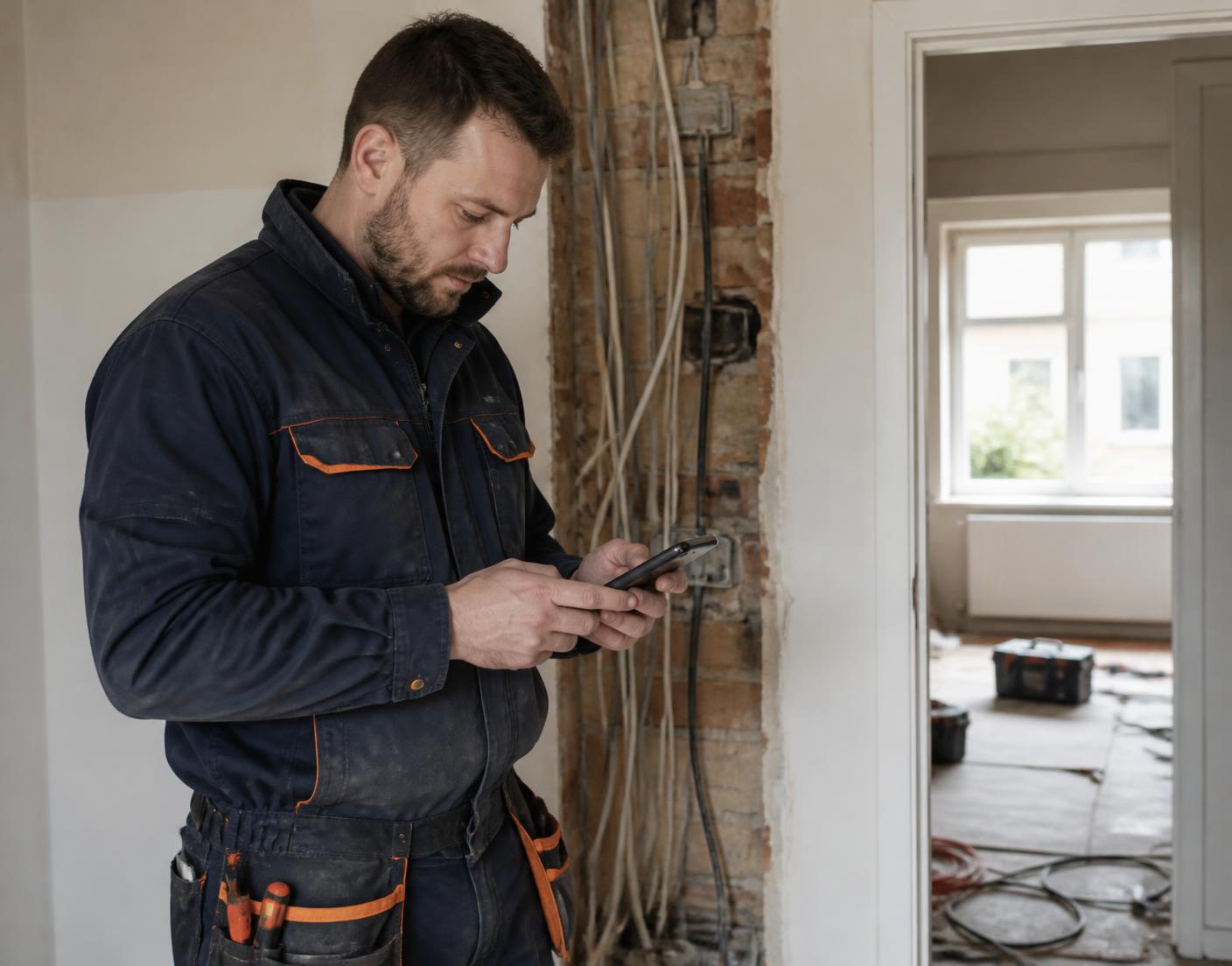 Tradesperson in workwear checking their phone on a job site