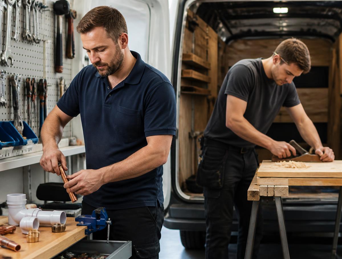 Two tradespeople working in a workshop beside a van